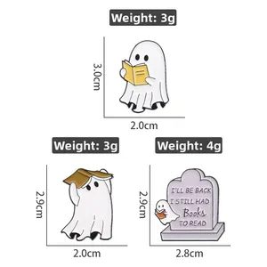 Three cute ghost enamel pins reading books with creative tombstone design and metal alloy base