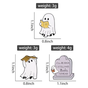 Ghost enamel pins set for reading lovers with product dimensions and weight details