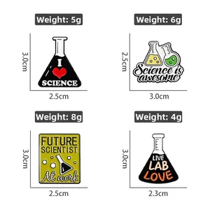 Science lab enamel pin set featuring colorful beaker and flask designs for clothing