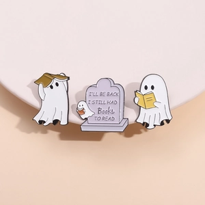 Ghost and book enamel pin set with tombstone saying I still had books to read