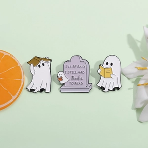 Cartoon Enamel Ghost Brooch Pins Alloy Reading Theme Halloween Lapel Pins For Clothing Bags Cute White Ghost Jewelry