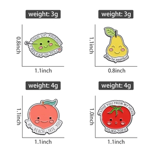 Detailed view of four cartoon enamel pins featuring fruit and plant designs with dimensions