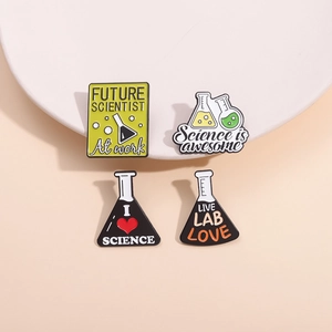 Set of 4 enamel scientist pins with beakers and inspirational science quotes