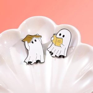Ghost reading book enamel pins set for Halloween accessories on shell tray