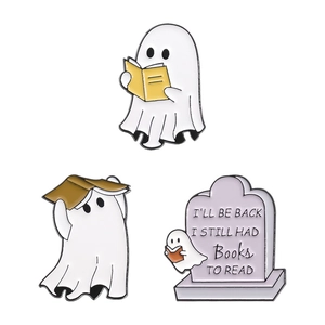 Three-piece spooky white ghost and tombstone enamel pins set for Halloween reading fans