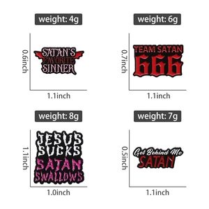 Detailed size and weight specs for Punk Gothic Satanic red letter metal enamel pins