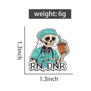 Detail view of cartoon skeleton nurse enamel pin with RN DNR text and size dimensions