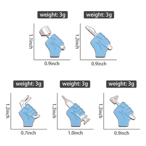 Detailed size and weight chart for five medical pins featuring blue gloved hands and tools