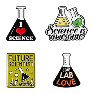 Science lab enamel pin set featuring colorful beakers and inspirational science slogans