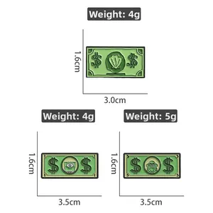 Creative green enamel pins set with cartoon money designs and size measurements