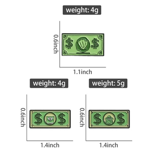 Close-up of enamel pin dimensions featuring creative cartoon money banknotes