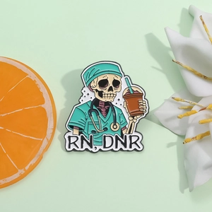 Funny skeleton nurse enamel pin with stethoscope and coffee on light green background