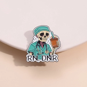 Funny skeleton nurse enamel pin wearing green scrubs and holding a boba tea cup