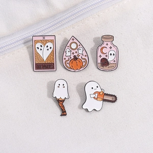Five-piece set of Halloween ghost enamel pins featuring tarot, pumpkin, and chainsaw motifs