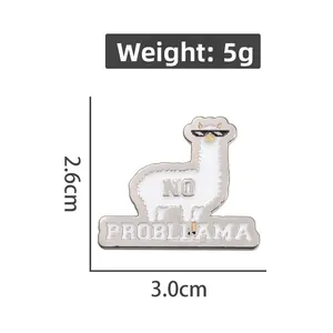 Cartoon white llama enamel pin with sunglasses and No Probllama text graphic logo