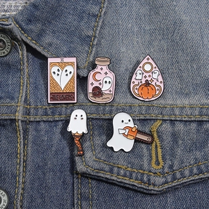 5-piece Halloween ghost enamel pin set on denim jacket featuring spooky cartoon designs