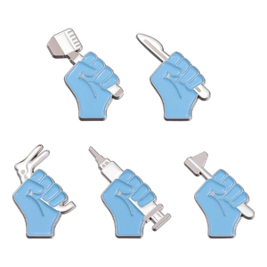 5-piece light blue enamel pins featuring medical tools and hand gestures for doctors