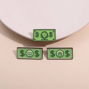 Creative green banknote enamel pins set featuring SpongeBob and Squidward characters