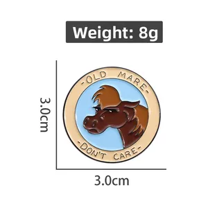 Cartoon horse enamel pin badge featuring Old Mare Don't Care text in round metal design