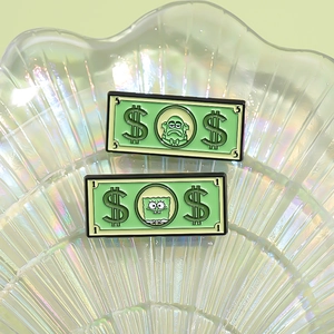 Cartoon banknote enamel pins featuring SpongeBob and Squidward characters on green money badges