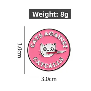 Detailed 3.0cm diameter enamel pin showing a white cat with a knife and 8g weight specs