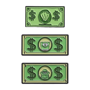 Cartoon enamel pin set with SpongeBob and Squidward banknote shapes in green finish