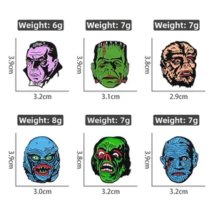 Detailed view of horror movie enamel pins with weight and size dimensions labeled