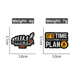 Macro detail of Bitcoin and money evolution enamel pins with size and weight specs