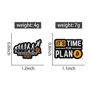 Detailed enamel pins featuring Bitcoin evolution design and Plan B slogan on white backdrop