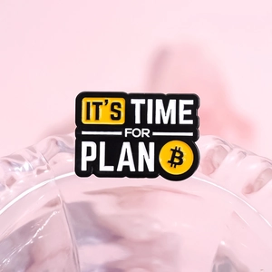 Enamel lapel pin with Bitcoin symbol and It's Time For Plan B text in black and yellow