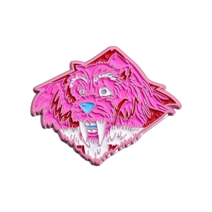 Funny pink leopard enamel pin with electric blue eyes and street art graffiti style