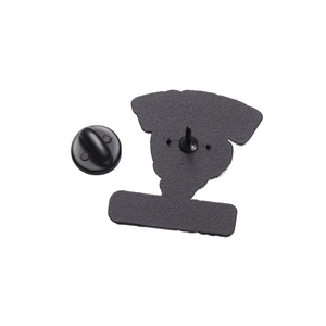 Detailed back view of a metal badge featuring a sturdy pin and a black rubber clutch closure