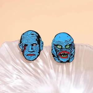 Funny anime monster enamel pins set featuring classic zombie and sea creature designs