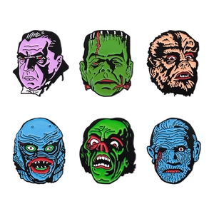 Set of six classic horror monster enamel pins including Dracula and Frankenstein's monster