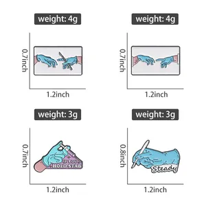 Size chart showing medical enamel pin dimensions in inches and weight for scalpel and syringe