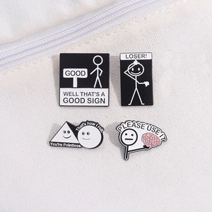 Lustiges schwarz-weißes Emaille-Pin-Set mit Cartoon-Stickman-Motiven auf Leinwand