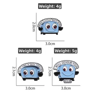 Detailed size and weight specs for blue cartoon toaster enamel pins with funny phrases