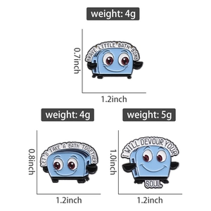 Detailed size chart for blue toaster enamel pins featuring humorous quotes and dimensions