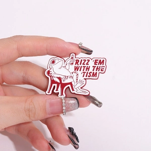 Funny enamel pin featuring a frog drinking a beverage with Rizz Em With The Tism text