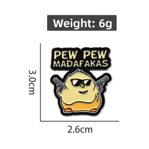 Cartoon chicken enamel pin measuring 3.0cm by 2.6cm with humorous pew pew text