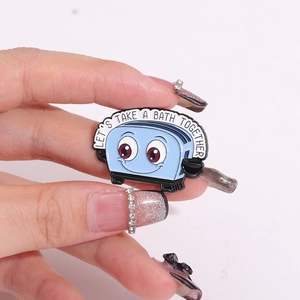 Cute light blue toaster enamel pin featuring a smiling face and humorous quote text