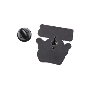 Detailed back view of enamel pin with secure rubber clutch on black alloy metal base
