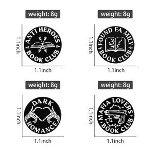 Set of four black enamel pins with book themes showing 1.1-inch size and 8g weight specs