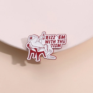 Funny pink frog on chair enamel pin with 'RIZZ EM WITH THE TISM' text design