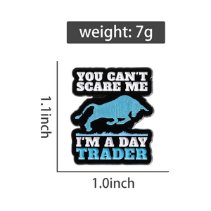 Detail view of day trader cow enamel pin showing size 1.1x1.0 inch and 7g weight specs