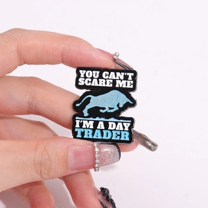 You Can't Scare Me I'm A Day Trader metal enamel pin badge featuring a blue bull icon