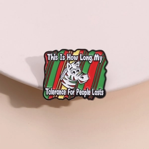 Cartoon zebra enamel pin with rainbow stripes and sarcastic tolerance phrase badge