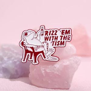 Funny enamel pin featuring a frog drinking beer on a chair with RIZZ EM WITH THE TISM text