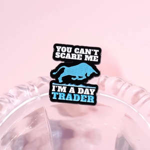 Funny Day Trader bull enamel pin badge with bold English lettering on pink background