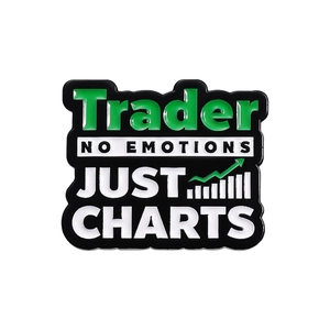 Trader Emaille-Anstecknadel mit NO EMOTIONS JUST CHARTS Text und Aktienmarkt Grafik